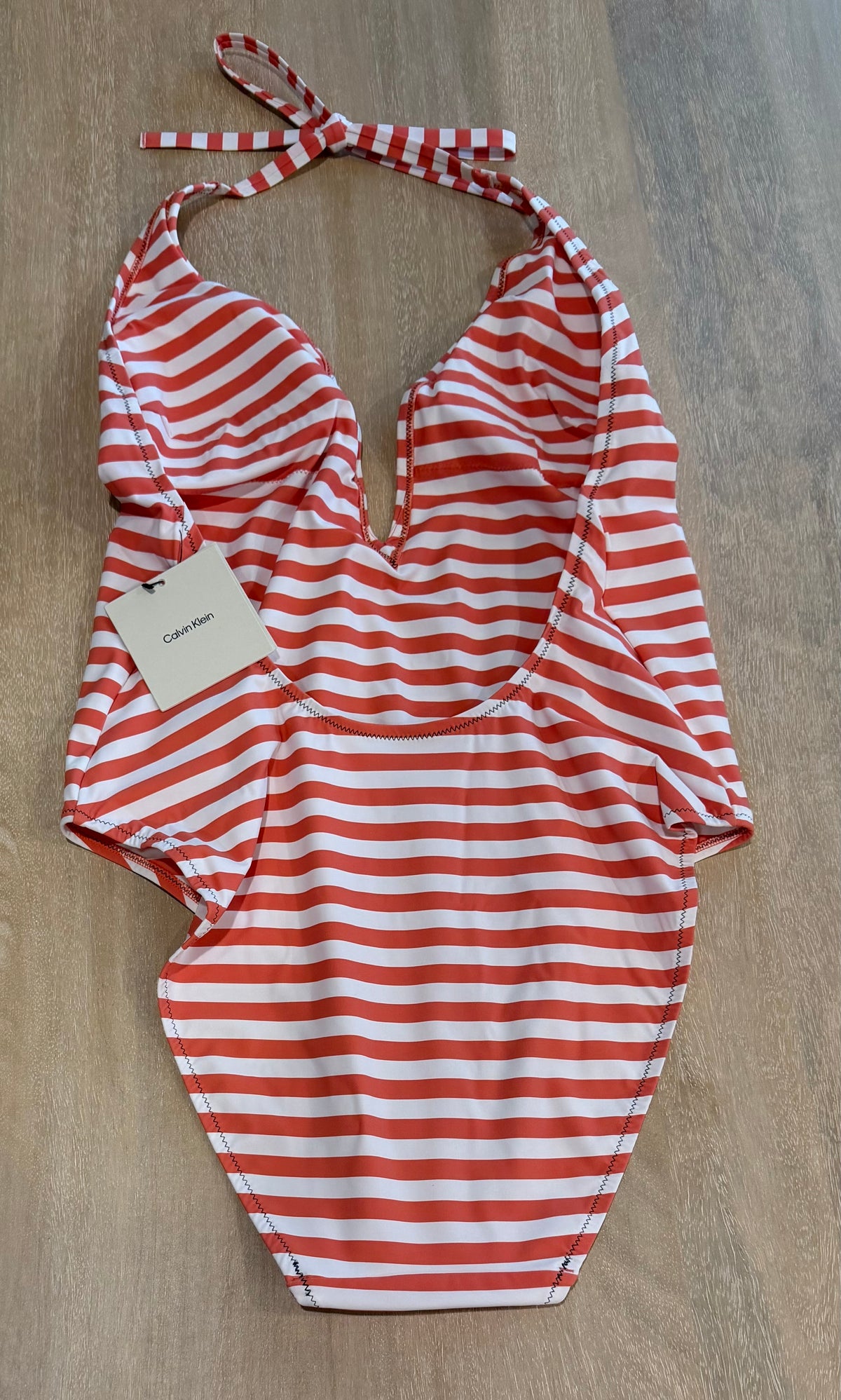 Calvin Klein Striped Halter One-Piece Swimsuit – Coral & White | Size L | New with Tags | Originally $115