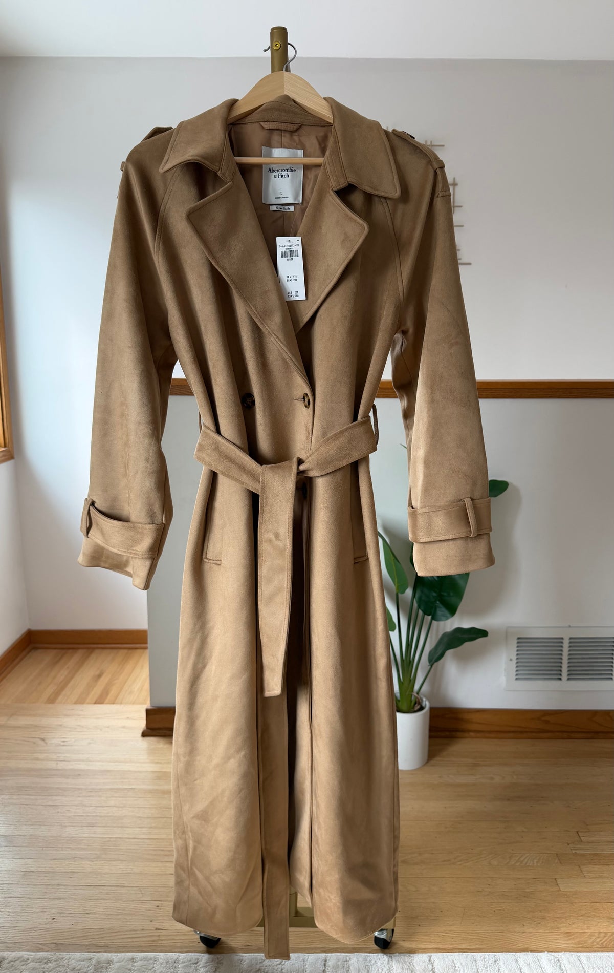 Abercrombie & Fitch Vegan Suede Trench Coat – Camel | Belted | Size Large | New with Tags (originally $220)