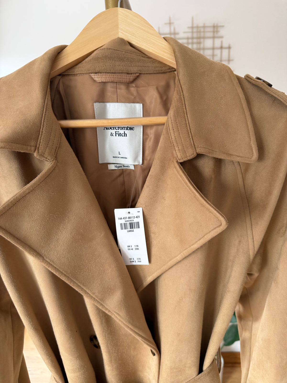 Abercrombie & Fitch Vegan Suede Trench Coat – Camel | Belted | Size Large | New with Tags (originally $220)