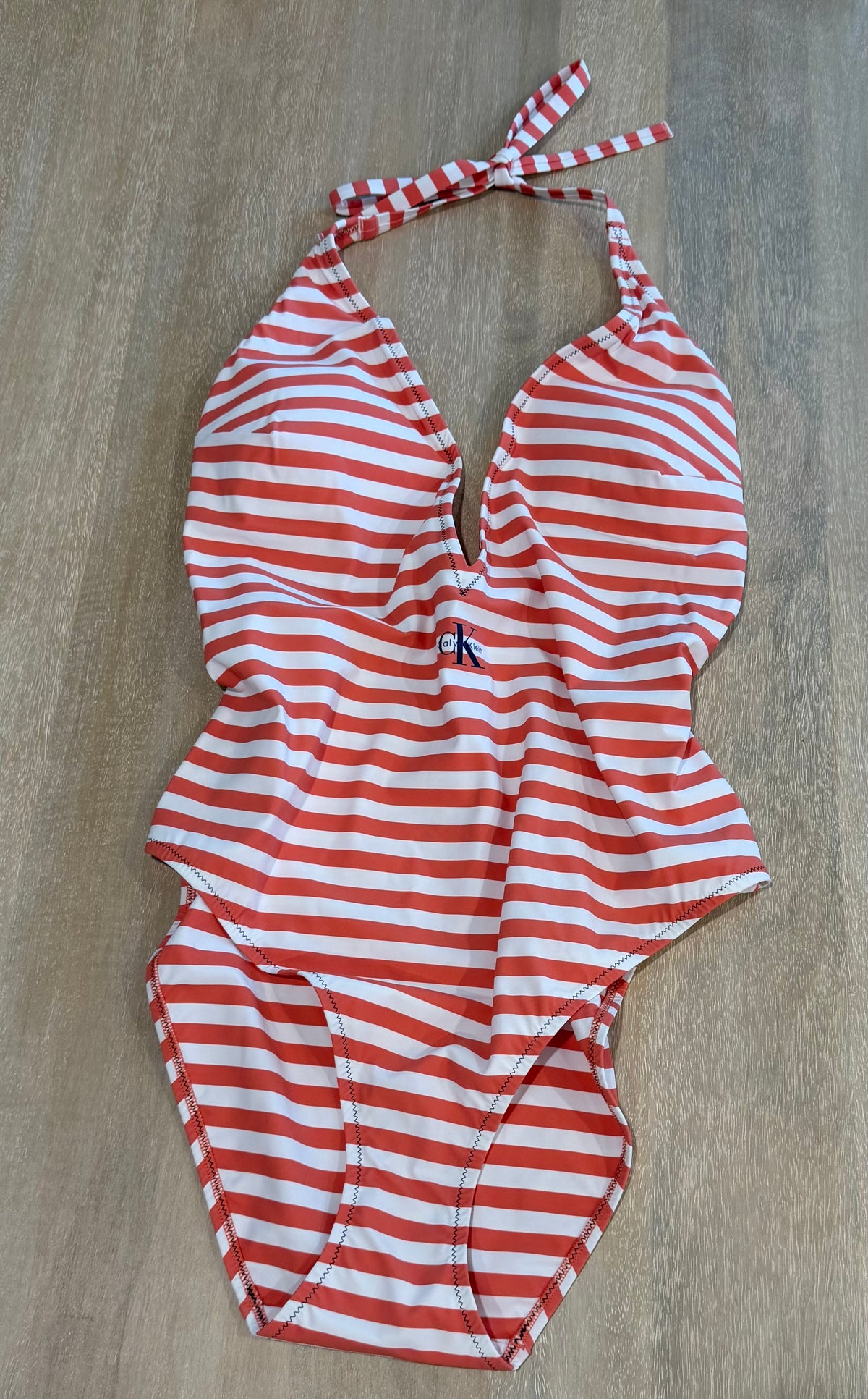 Calvin Klein Striped Halter One-Piece Swimsuit – Coral & White | Size L | New with Tags | Originally $115